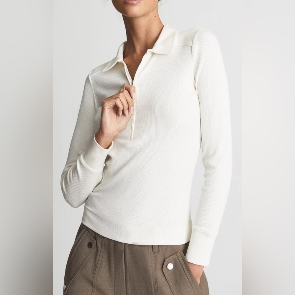 REISS Women's Milina Rib Half Zip Sweater White L